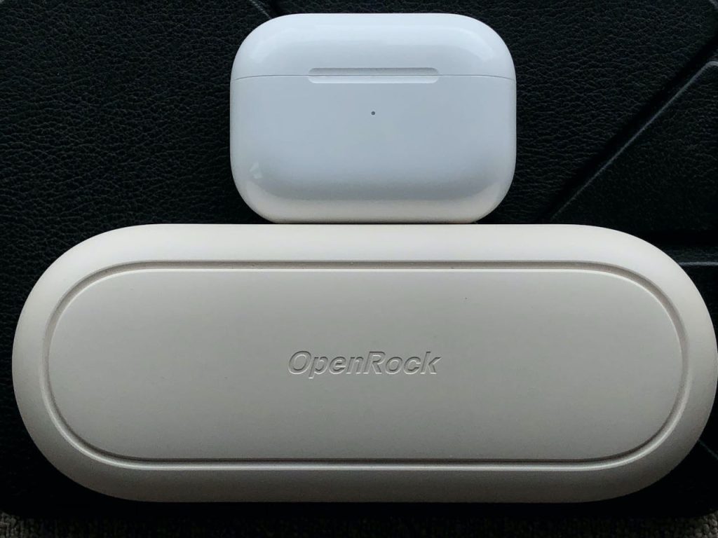 Side-by-side comparison of OpenRock S and AirPods Pro cases