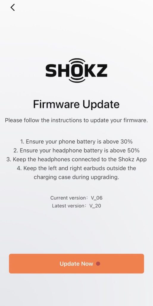 step-by-step instructions on how to update the firmware on OpenFit with Shokz App