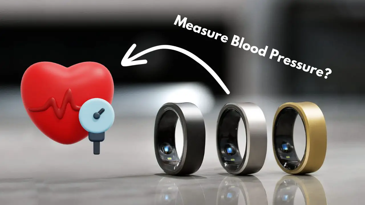 Smart rings lined up next to a symbolic heart and a magnifying glass questioning blood pressure measurement
