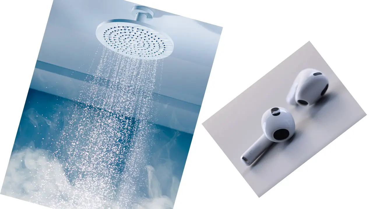 Close-up of AirPods near a shower head with water droplets