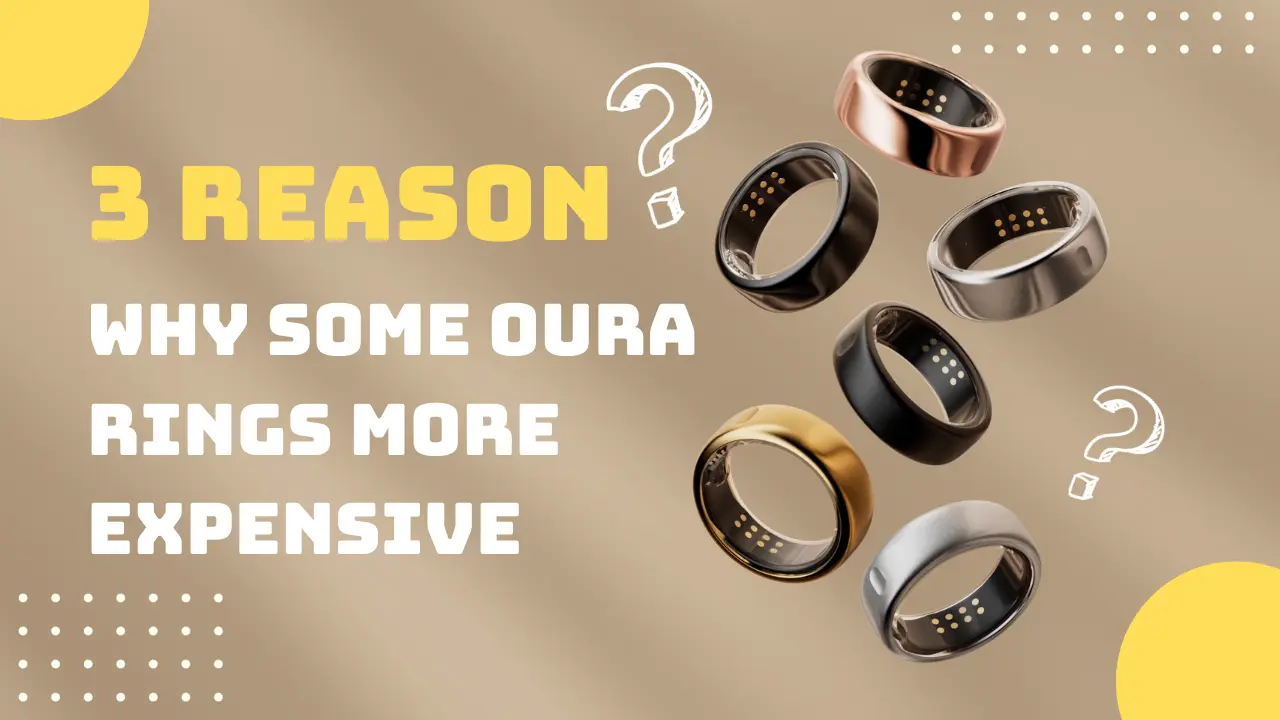 Close-up of various Oura ring models with different price tags