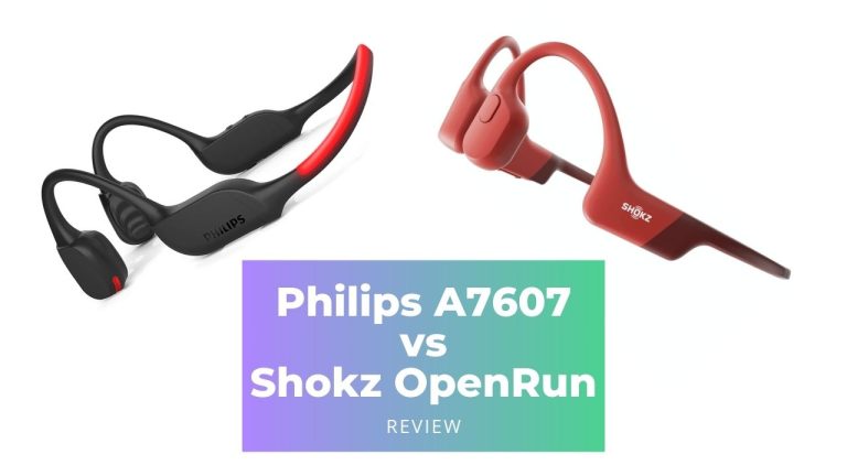 Philips A7607 and Shokz OpenRun bone conduction headphones side by side